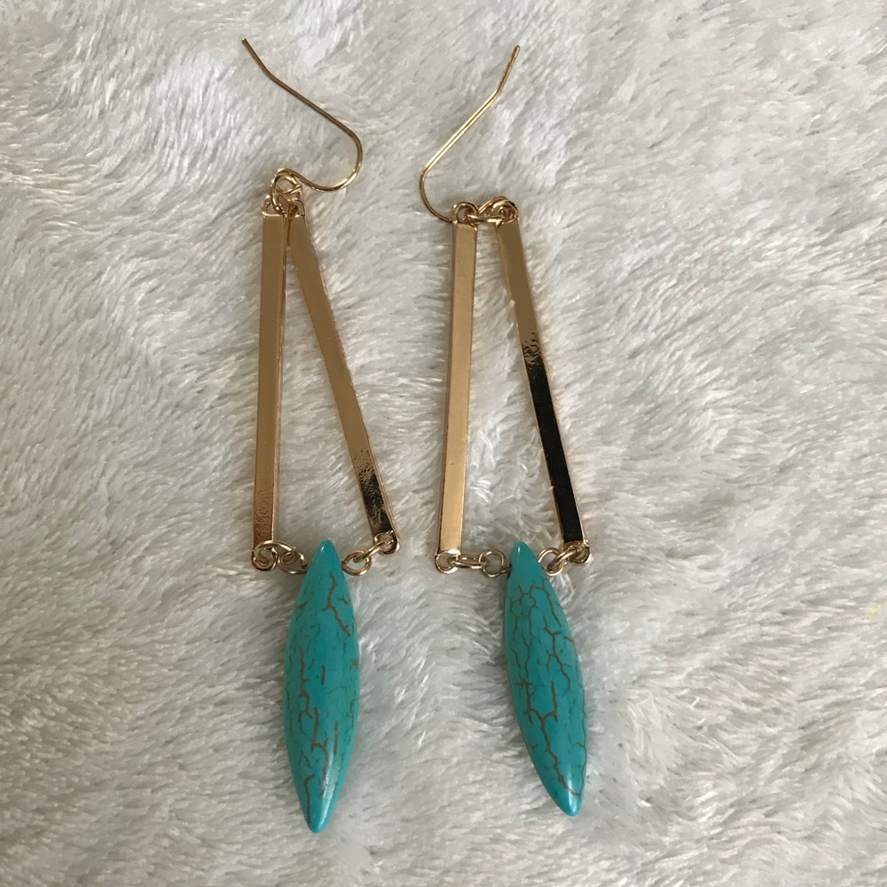 Turquoise Gold Tone Geometric Drop Dangle Earrings - Picture 3 of 7